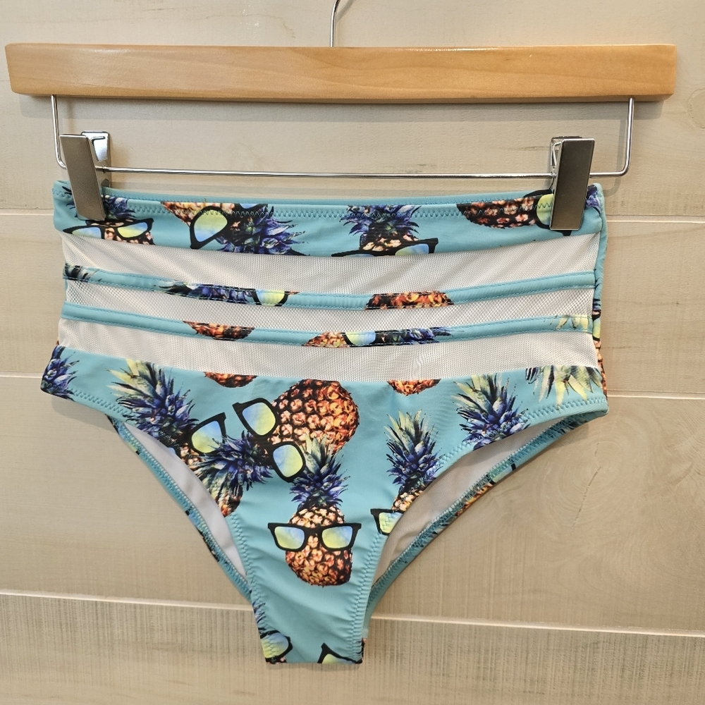 {S} Pineapple With Sunglasses Bikini Smocked Top Teal - Picture 2 of 13